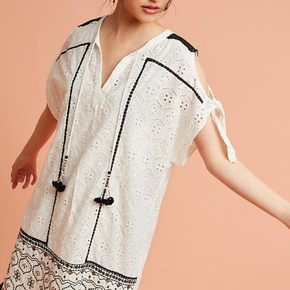 NEW Dress Eyelet Tassel Tunic Cold Shoulder NWOT Women's S - Picture 3 of 9